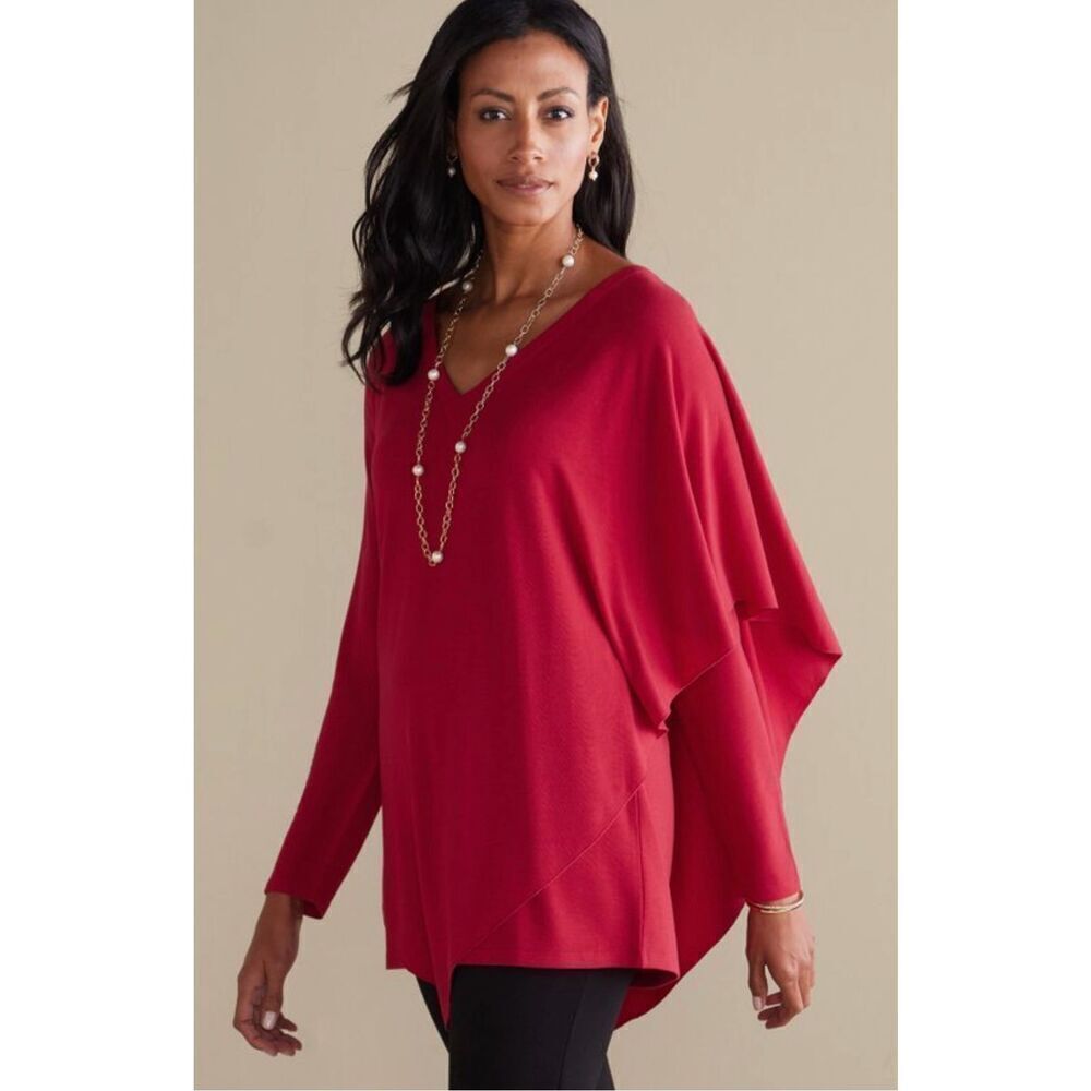 Soft‎ Surroundings Women's Maroon Drape Overlay V Neck Madeline Tunic Top Size L
